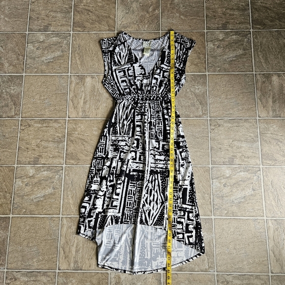ICE Womens Hi-Low Beaded Waist Dress Size 14 Black White Abstract Short Sleeve - Picture 14 of 15